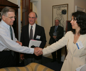 During Leadership Day 2007 US Rep Pete Stark D-CA greeted Brindusa Truta ACP Associate Member of Phoenix while Donald C Balfour III FACP of San Diego looked on