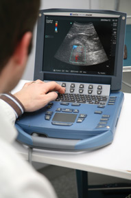 Doppler sonography of a patients kidney and renal artery being performed with a portable ultrasound system Photo  VendomeCardslashAstier
