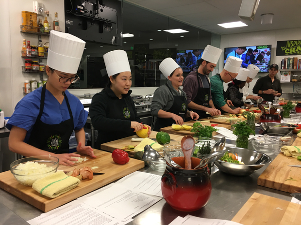 Stanford medical students work in the teaching kitchen during culinary medicine class Photo courtesy Michelle Hauser MD