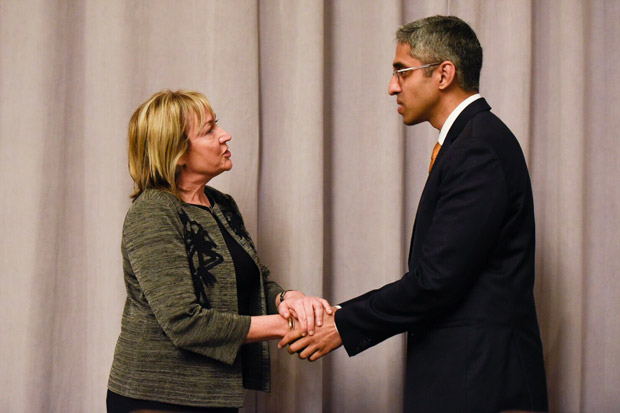 ACP Executive Vice President and Chief Executive Officer Darilyn V Moyer MD FACP greets former US Surgeon General Vivek H Murthy MD MBA who received the Joseph F Boyle Award for Distinguish
